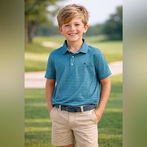 Vineyard Vines Boys Performance Polo Blue Green Stripe Whale Logo Size 7